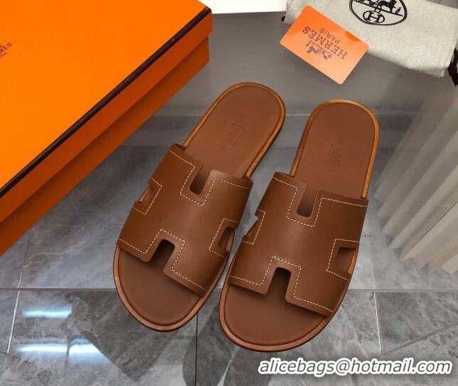 Shop Duplicate Hermes Men's Classic Izmir Flat Slide Sandals in Calfskin with Stitching Brown 327027