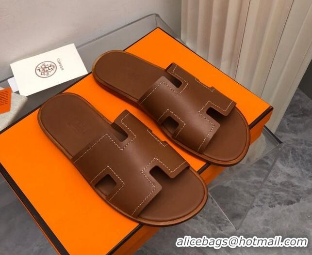 Shop Duplicate Hermes Men's Classic Izmir Flat Slide Sandals in Calfskin with Stitching Brown 327027