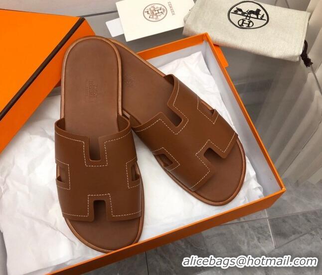 Shop Duplicate Hermes Men's Classic Izmir Flat Slide Sandals in Calfskin with Stitching Brown 327027