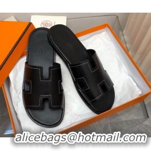 Perfect Hermes Men's Classic Izmir Flat Slide Sandals in Calfskin with Stitching Black 327028