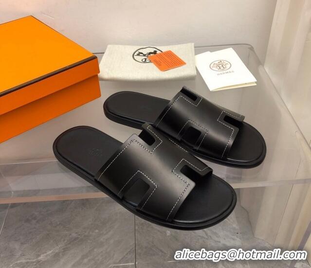 Perfect Hermes Men's Classic Izmir Flat Slide Sandals in Calfskin with Stitching Black 327028