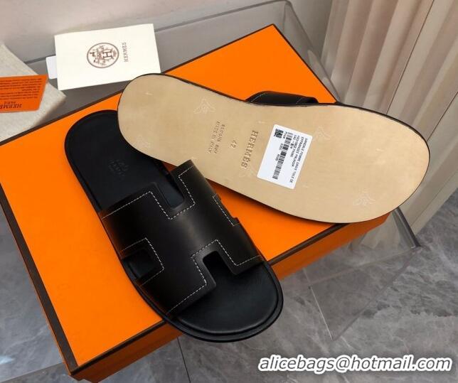 Perfect Hermes Men's Classic Izmir Flat Slide Sandals in Calfskin with Stitching Black 327028