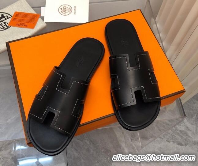 Perfect Hermes Men's Classic Izmir Flat Slide Sandals in Calfskin with Stitching Black 327028