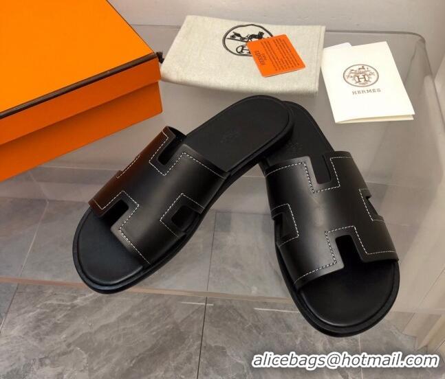 Perfect Hermes Men's Classic Izmir Flat Slide Sandals in Calfskin with Stitching Black 327028