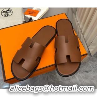 Top Grade Hermes Men's Classic Izmir Flat Slide Sandals in Smooth Leather Brown 327029