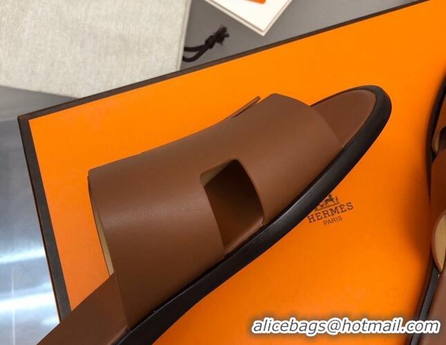 Top Grade Hermes Men's Classic Izmir Flat Slide Sandals in Smooth Leather Brown 327029