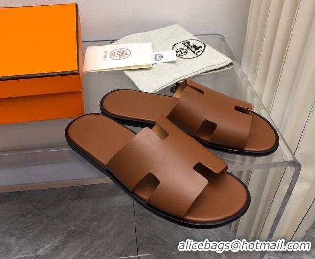 Top Grade Hermes Men's Classic Izmir Flat Slide Sandals in Smooth Leather Brown 327029