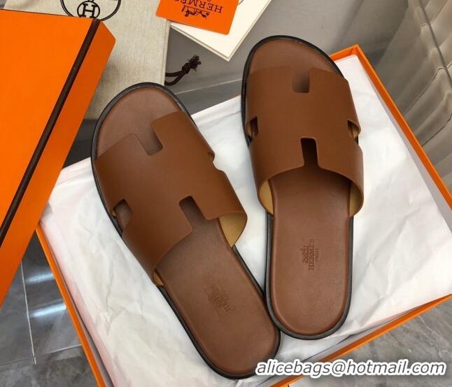 Top Grade Hermes Men's Classic Izmir Flat Slide Sandals in Smooth Leather Brown 327029