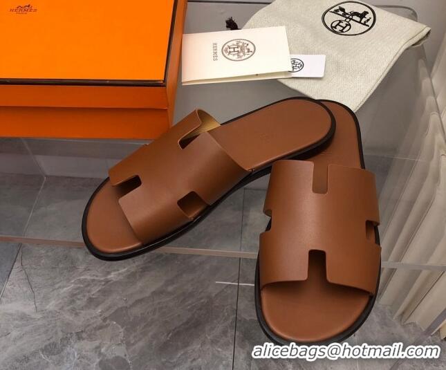 Top Grade Hermes Men's Classic Izmir Flat Slide Sandals in Smooth Leather Brown 327029