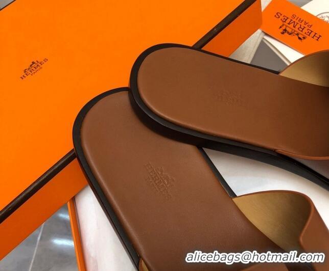 Top Grade Hermes Men's Classic Izmir Flat Slide Sandals in Smooth Leather Brown 327029