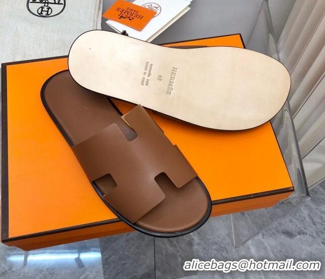 Top Grade Hermes Men's Classic Izmir Flat Slide Sandals in Smooth Leather Brown 327029