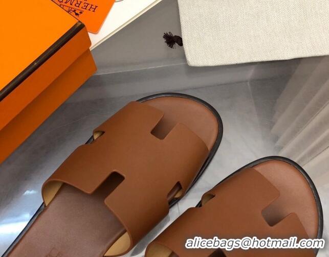 Top Grade Hermes Men's Classic Izmir Flat Slide Sandals in Smooth Leather Brown 327029