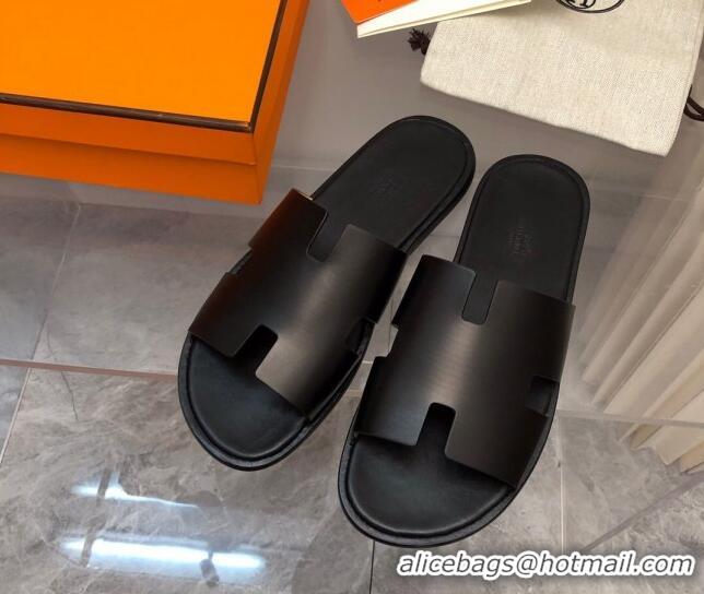 Best Price Hermes Men's Classic Izmir Flat Slide Sandals in Smooth Leather Black 327031