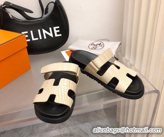 Good Looking Hermes Chypre Flat Sandals in Crocodile Embossed Leather Light Beige 327032