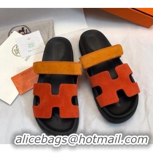 Durable Hermes Chypre Flat Sandals in Suede Orange/Yellow 327033