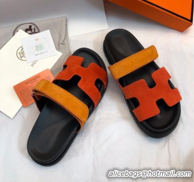 Durable Hermes Chypre Flat Sandals in Suede Orange/Yellow 327033