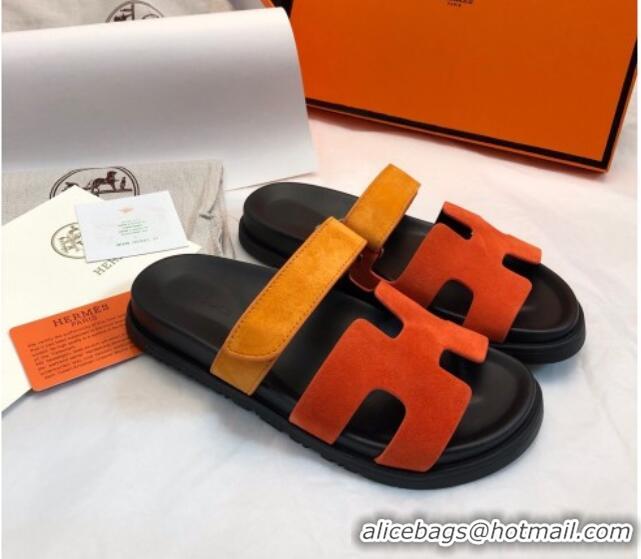 Durable Hermes Chypre Flat Sandals in Suede Orange/Yellow 327033