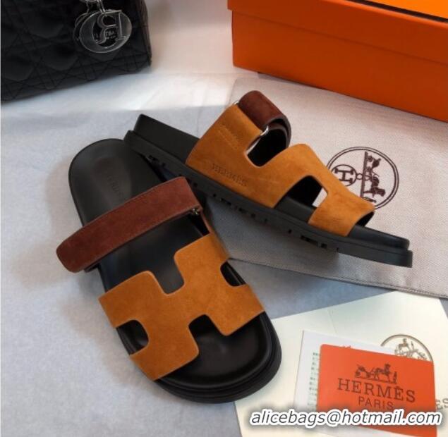 Unique Style Hermes Chypre Flat Sandals in Suede Yellow/Brown 327034