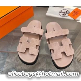 Good Quality Hermes Chypre Flat Sandals in Suede Light Nude 327035