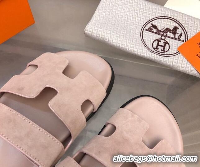 Good Quality Hermes Chypre Flat Sandals in Suede Light Nude 327035