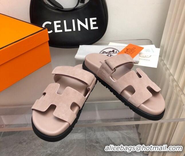 Good Quality Hermes Chypre Flat Sandals in Suede Light Nude 327035