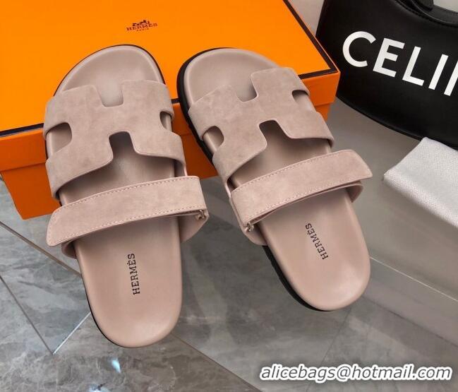 Good Quality Hermes Chypre Flat Sandals in Suede Light Nude 327035