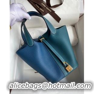 Fashion Hermes Picotin Lock Bag 18cm/22cm in Taurillon Clemence Leather H2901 Denim Blue/W0 Grren/Gold (Full Handmade)