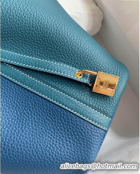 Fashion Hermes Picotin Lock Bag 18cm/22cm in Taurillon Clemence Leather H2901 Denim Blue/W0 Grren/Gold (Full Handmade)