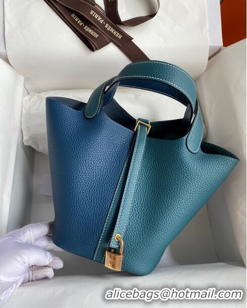 Fashion Hermes Picotin Lock Bag 18cm/22cm in Taurillon Clemence Leather H2901 Denim Blue/W0 Grren/Gold (Full Handmade)