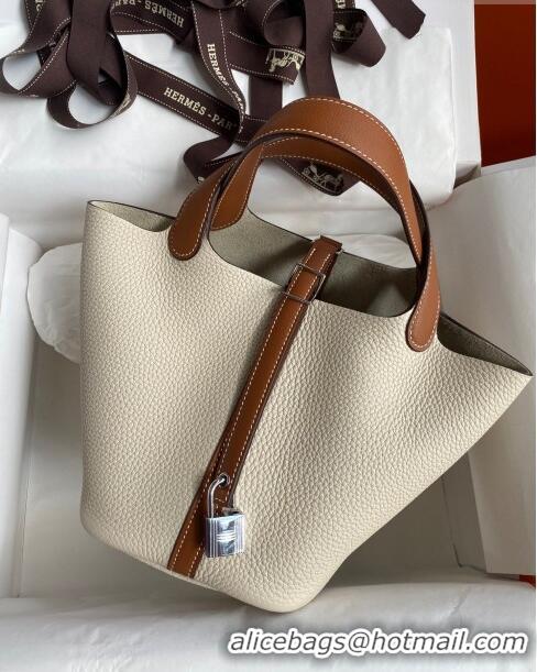 Top Grade Hermes Picotin Lock Bag 18cm/22cm in Taurillon Clemence Leather and Swift Leather 42906 Milk Shake White/Silve