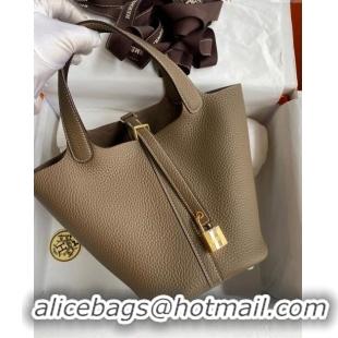 Famous Brand Hermes Picotin Lock Bag 18cm/22cm in Taurillon Clemence Leather  H2901 Etoupe/Gold (Pure Handmade)