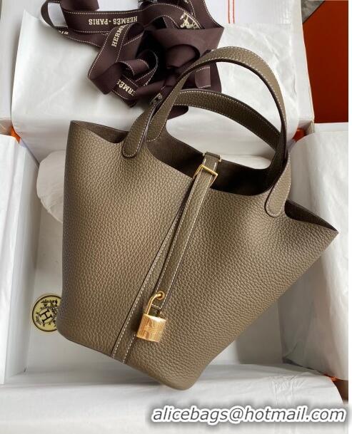 Famous Brand Hermes Picotin Lock Bag 18cm/22cm in Taurillon Clemence Leather  H2901 Etoupe/Gold (Pure Handmade)