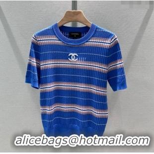 Best Quality Chanel Knit Short-Sleeved Sweater CH051712 Dark Blue 2024