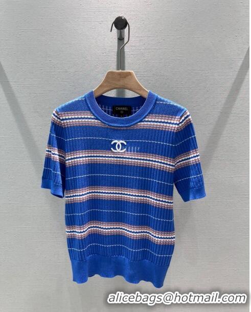 Best Quality Chanel Knit Short-Sleeved Sweater CH051712 Dark Blue 2024