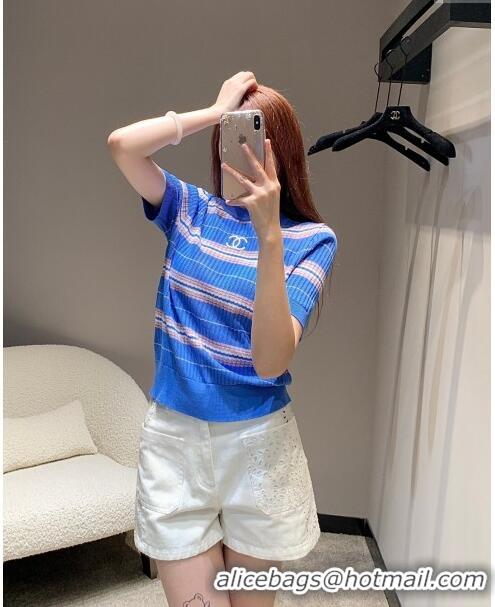 Best Quality Chanel Knit Short-Sleeved Sweater CH051712 Dark Blue 2024