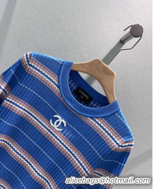 Best Quality Chanel Knit Short-Sleeved Sweater CH051712 Dark Blue 2024