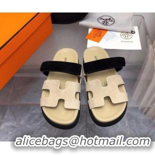 Duplicate Hermes Chypre Flat Sandals in Suede Beige/Black 0327038