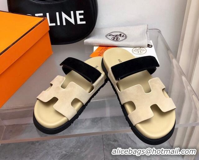 Duplicate Hermes Chypre Flat Sandals in Suede Beige/Black 0327038