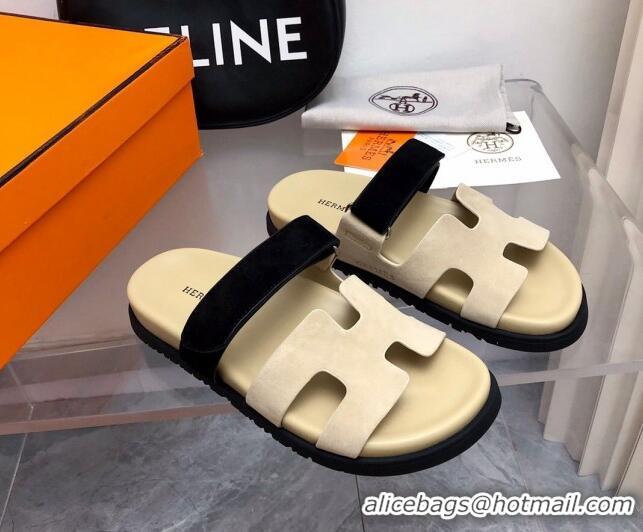 Duplicate Hermes Chypre Flat Sandals in Suede Beige/Black 0327038