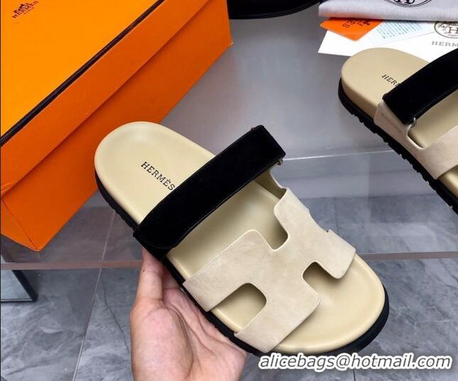 Duplicate Hermes Chypre Flat Sandals in Suede Beige/Black 0327038