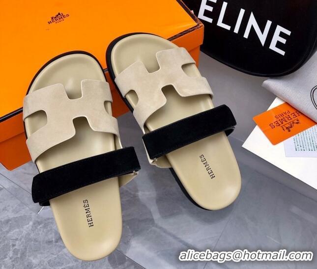 Duplicate Hermes Chypre Flat Sandals in Suede Beige/Black 0327038