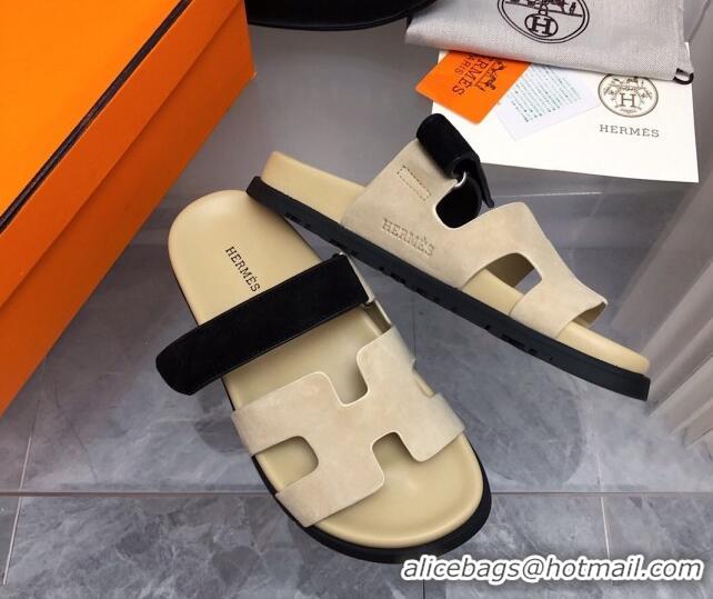 Duplicate Hermes Chypre Flat Sandals in Suede Beige/Black 0327038