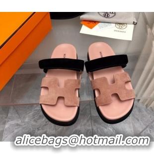 Purchase Hermes Chypre Flat Sandals in Suede Pink/Black 0327039