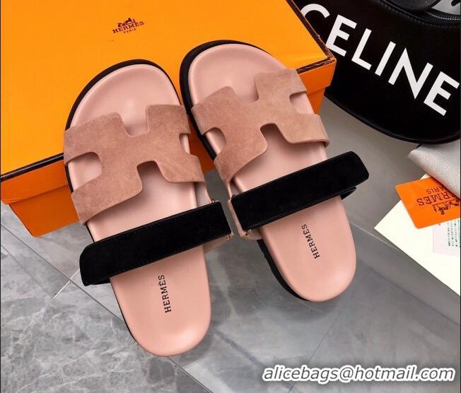 Purchase Hermes Chypre Flat Sandals in Suede Pink/Black 0327039