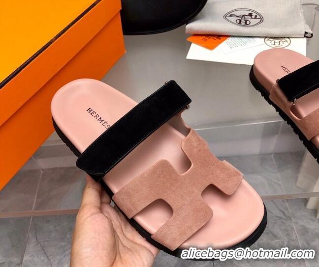 Purchase Hermes Chypre Flat Sandals in Suede Pink/Black 0327039