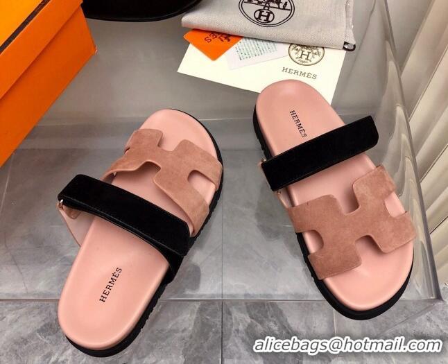 Purchase Hermes Chypre Flat Sandals in Suede Pink/Black 0327039