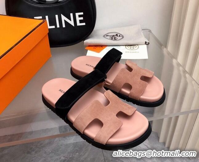 Purchase Hermes Chypre Flat Sandals in Suede Pink/Black 0327039