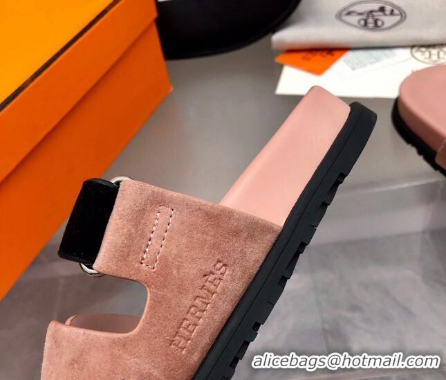 Purchase Hermes Chypre Flat Sandals in Suede Pink/Black 0327039