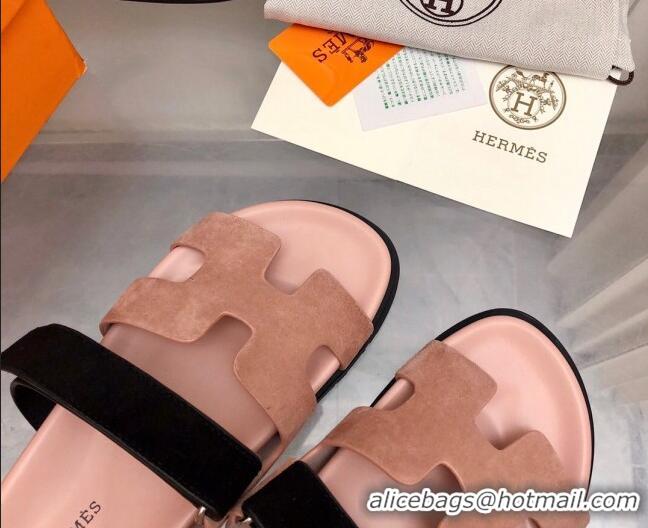 Purchase Hermes Chypre Flat Sandals in Suede Pink/Black 0327039