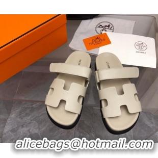 Hot Style Hermes Chypre Flat Sandals in Calfskin Light Grey 0327040